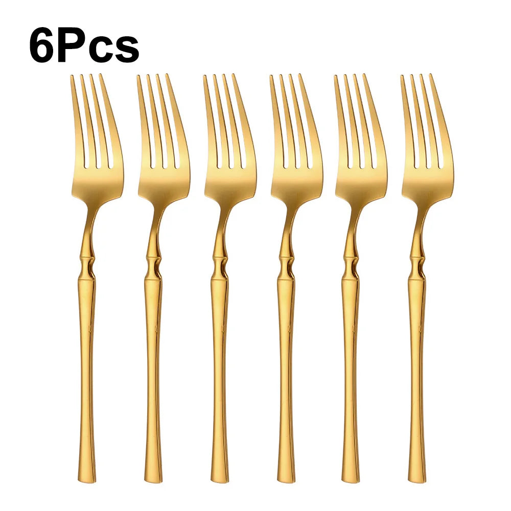 6/24/30Pcs Gold Thin Cutlery Stainless Steel Tableware Western Dinner Set Solid Color Knife Fork Spoon Mirror Kitchen Utensils