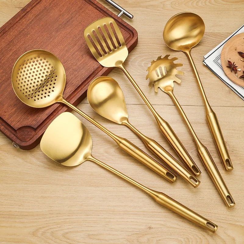 1/7Pcs Stainless Steel Kitchenware Creative Gold Soup Spoon Noodle Colander Hot Pot Spoon Rice Spoon Kitchen Cooking Frying Tool