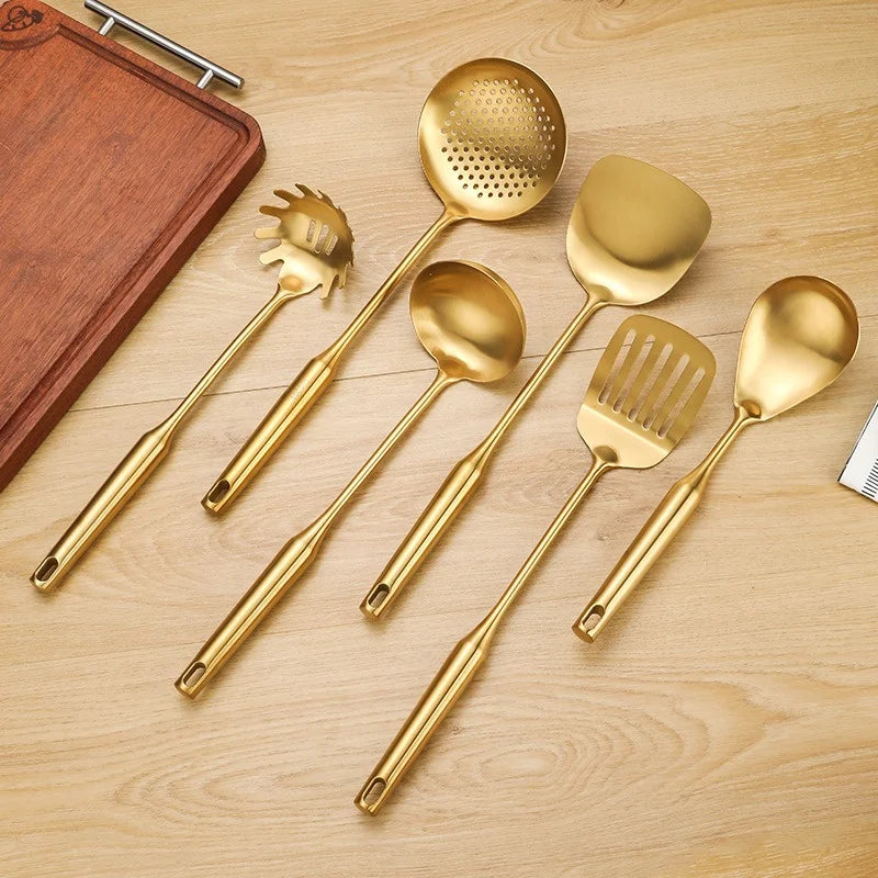 1/7Pcs Stainless Steel Kitchenware Creative Gold Soup Spoon Noodle Colander Hot Pot Spoon Rice Spoon Kitchen Cooking Frying Tool