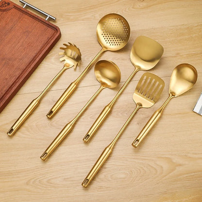 1/7Pcs Stainless Steel Kitchenware Creative Gold Soup Spoon Noodle Colander Hot Pot Spoon Rice Spoon Kitchen Cooking Frying Tool
