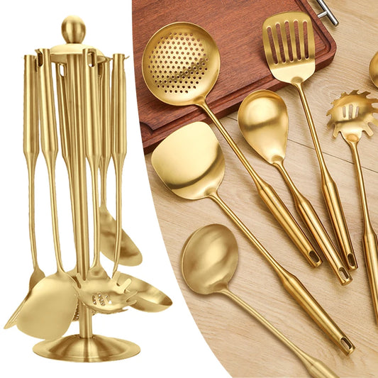 1/7Pcs Stainless Steel Kitchenware Creative Gold Soup Spoon Noodle Colander Hot Pot Spoon Rice Spoon Kitchen Cooking Frying Tool