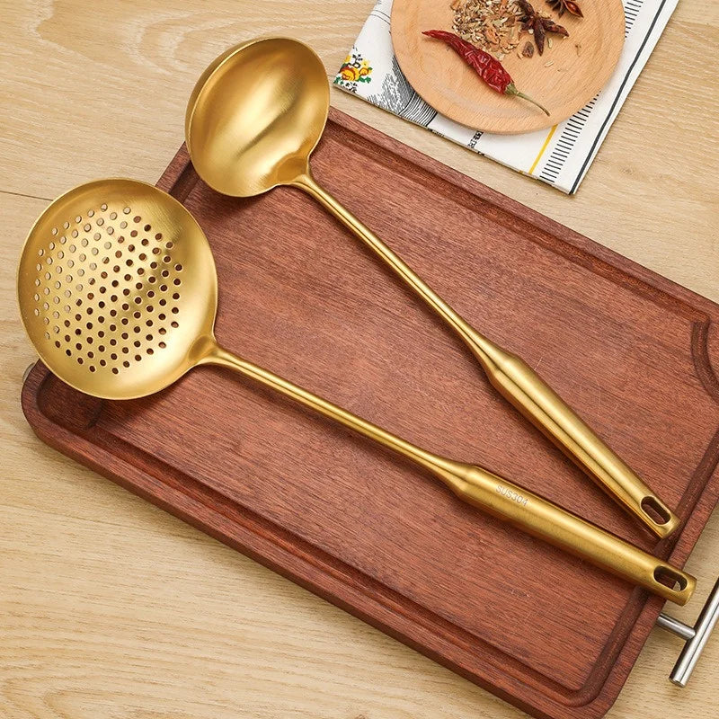 1/7Pcs Stainless Steel Kitchenware Creative Gold Soup Spoon Noodle Colander Hot Pot Spoon Rice Spoon Kitchen Cooking Frying Tool