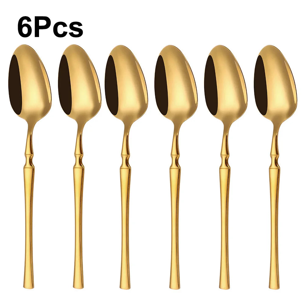 6/24/30Pcs Gold Thin Cutlery Stainless Steel Tableware Western Dinner Set Solid Color Knife Fork Spoon Mirror Kitchen Utensils